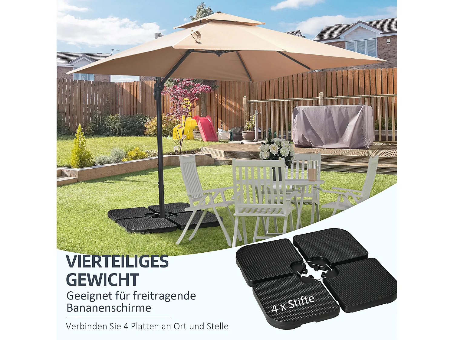 Gewichten voor zweefparasol, 4 stuks, vulbaar met 80 kg zand of 60 kg water, HDPE, zwart (100x100x8 cm)