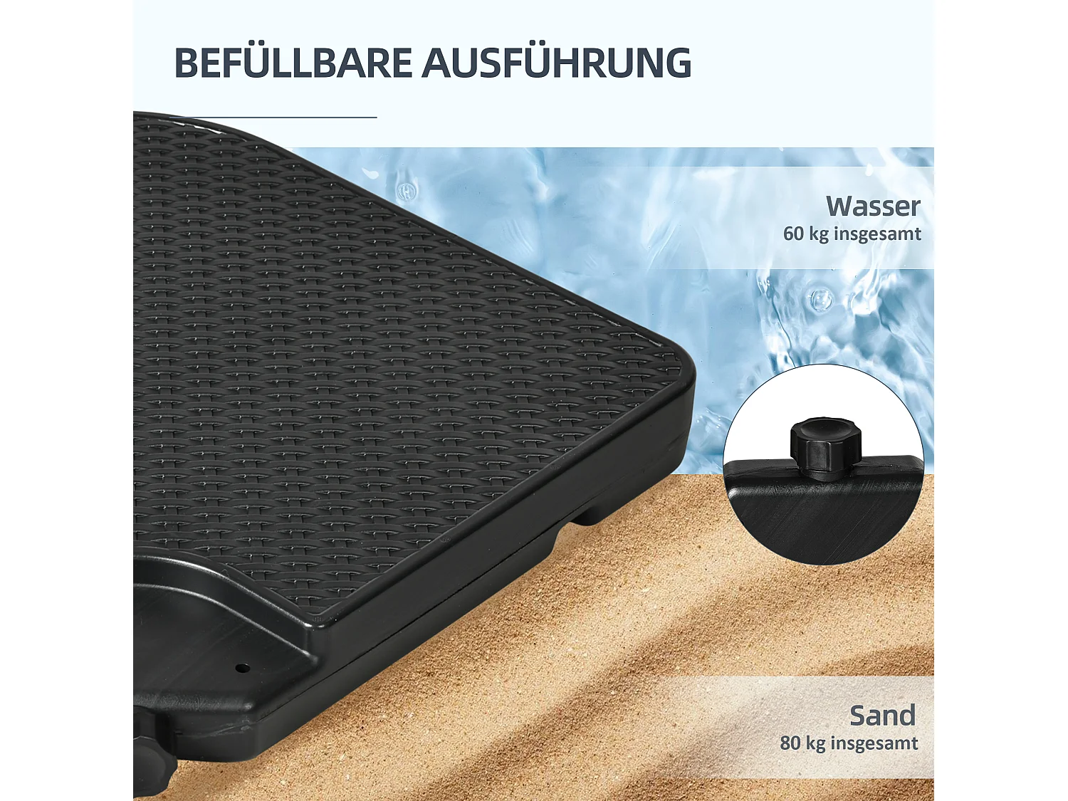 Gewichten voor zweefparasol, 4 stuks, vulbaar met 80 kg zand of 60 kg water, HDPE, zwart (100x100x8 cm)