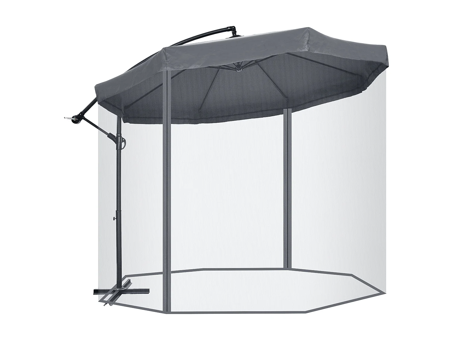 Zwenkbare parasol met slinger en klamboe, 360° draaibaar, voor 8 personen, staal en polyester, donkergrijs (295x295x242 cm)