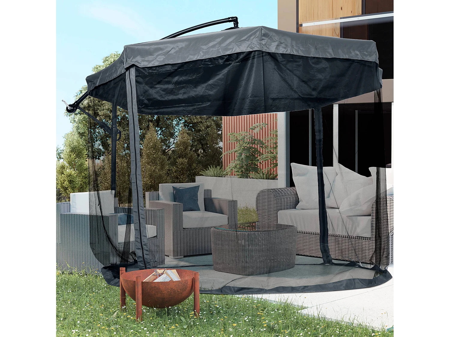 Zwenkbare parasol met slinger en klamboe, 360° draaibaar, voor 8 personen, staal en polyester, donkergrijs (295x295x242 cm)