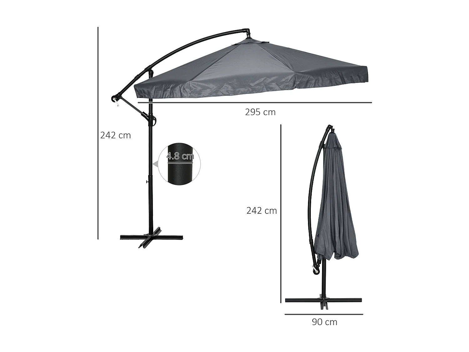 Zwenkbare parasol met slinger en klamboe, 360° draaibaar, voor 8 personen, staal en polyester, donkergrijs (295x295x242 cm)