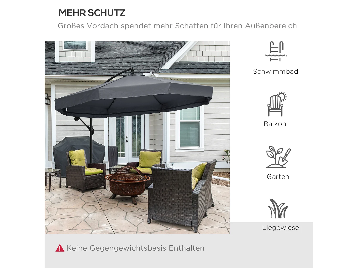 Zwenkbare parasol met slinger en klamboe, 360° draaibaar, voor 8 personen, staal en polyester, donkergrijs (295x295x242 cm)