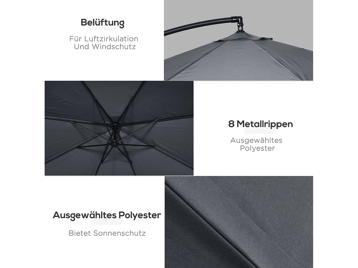 Zwenkbare parasol met slinger en klamboe, 360° draaibaar, voor 8 personen, staal en polyester, donkergrijs (295x295x242 cm)