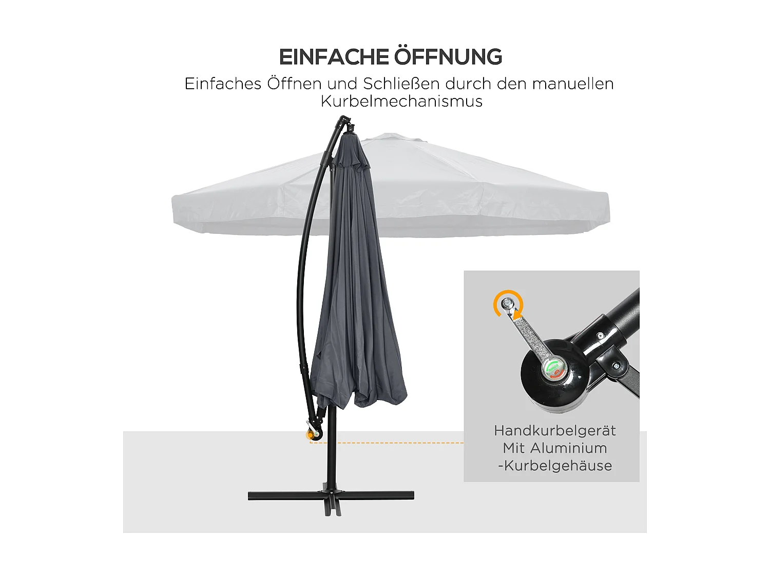 Zwenkbare parasol met slinger en klamboe, 360° draaibaar, voor 8 personen, staal en polyester, donkergrijs (295x295x242 cm)