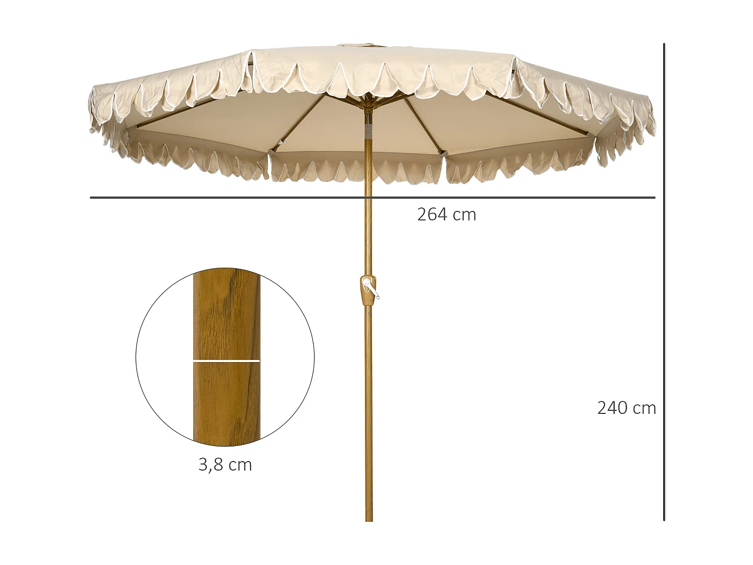 Parasol Ø264 cm met franjes, verstelbare helling, 8 baleinen, terras- en tuinparasol, kleur khaki (264x264x240 cm)