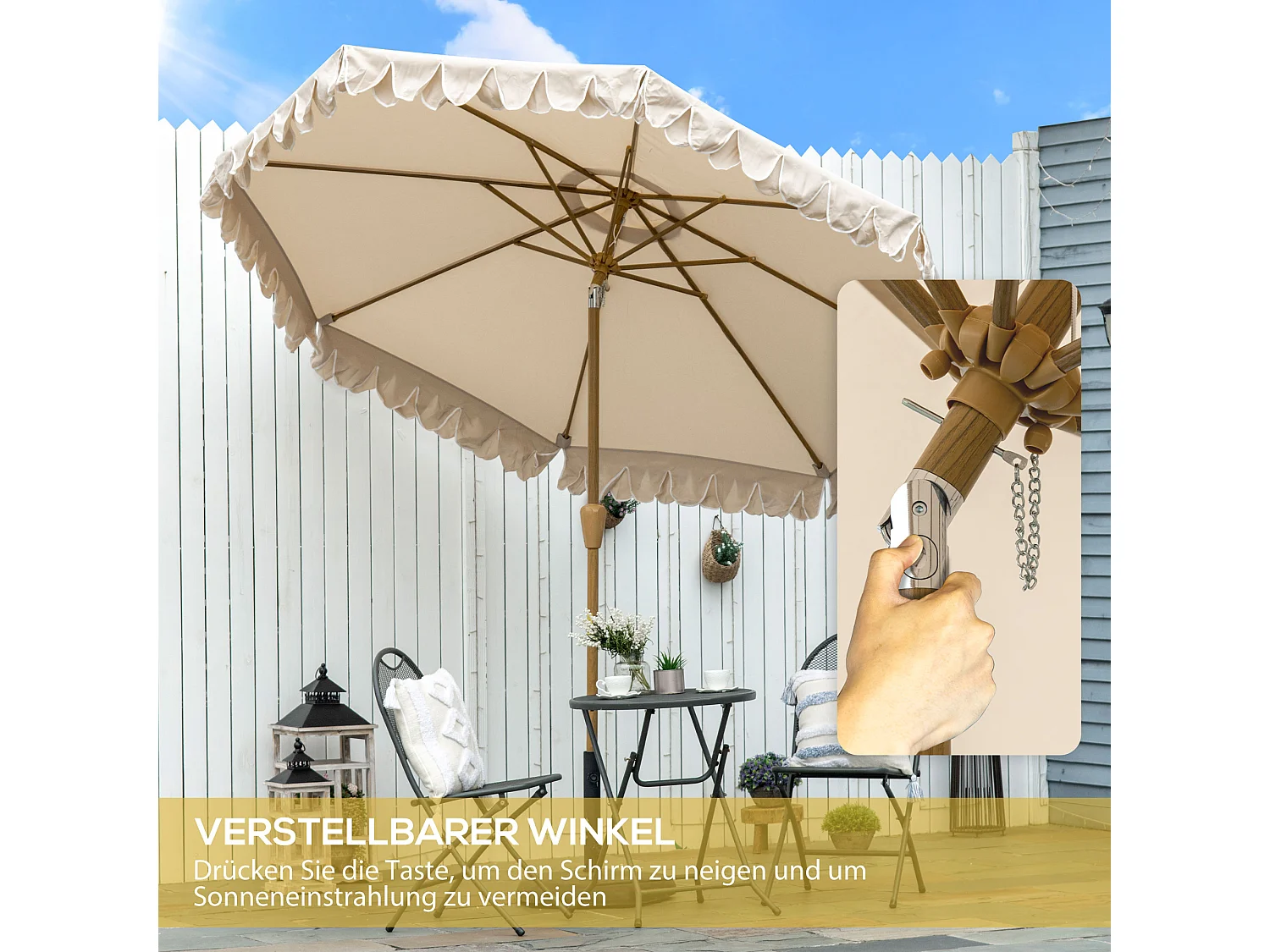 Parasol Ø264 cm met franjes, verstelbare helling, 8 baleinen, terras- en tuinparasol, kleur khaki (264x264x240 cm)