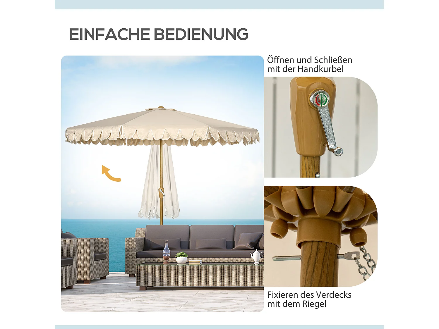 Parasol Ø264 cm met franjes, verstelbare helling, 8 baleinen, terras- en tuinparasol, kleur khaki (264x264x240 cm)
