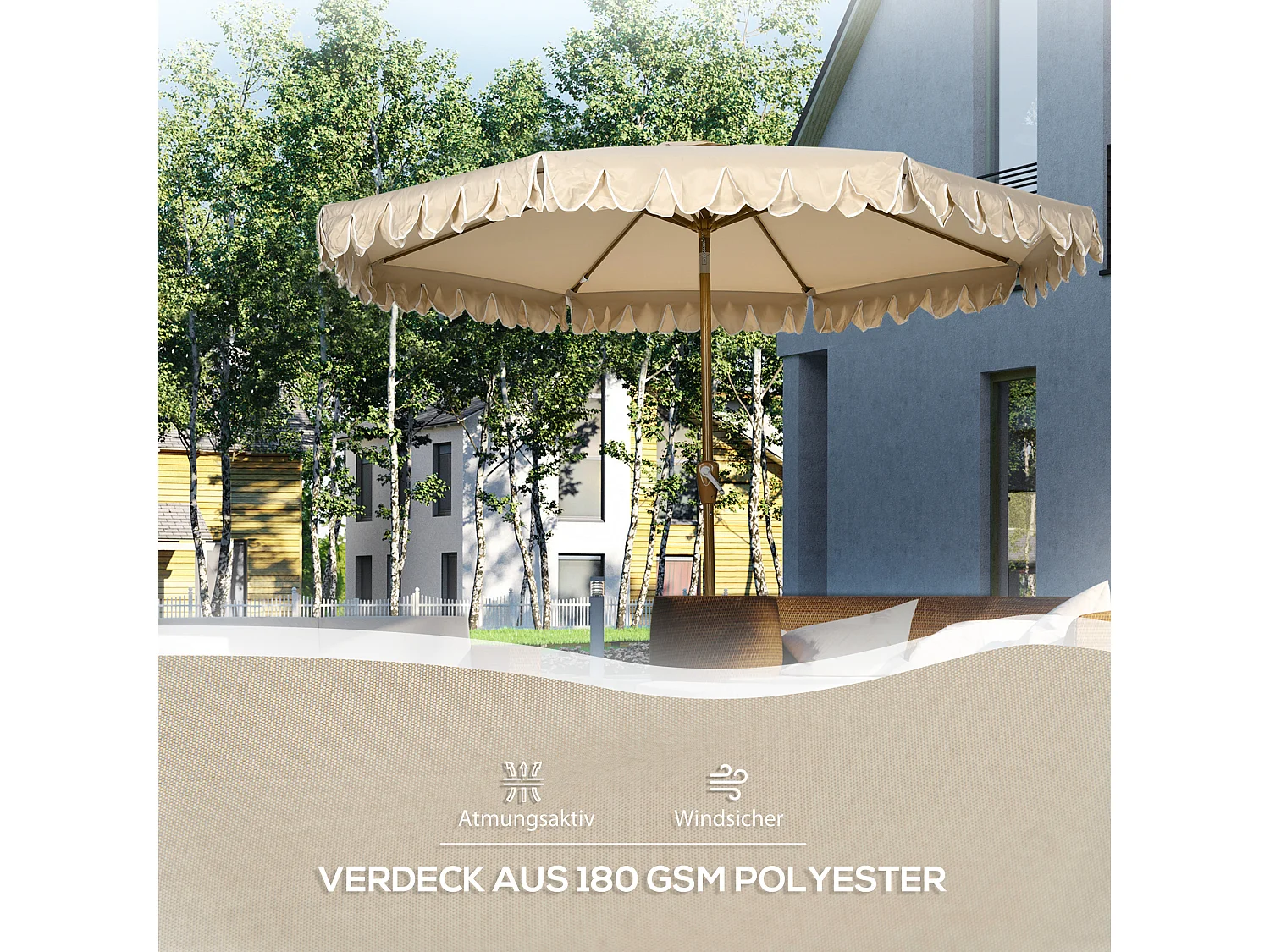 Parasol Ø264 cm met franjes, verstelbare helling, 8 baleinen, terras- en tuinparasol, kleur khaki (264x264x240 cm)