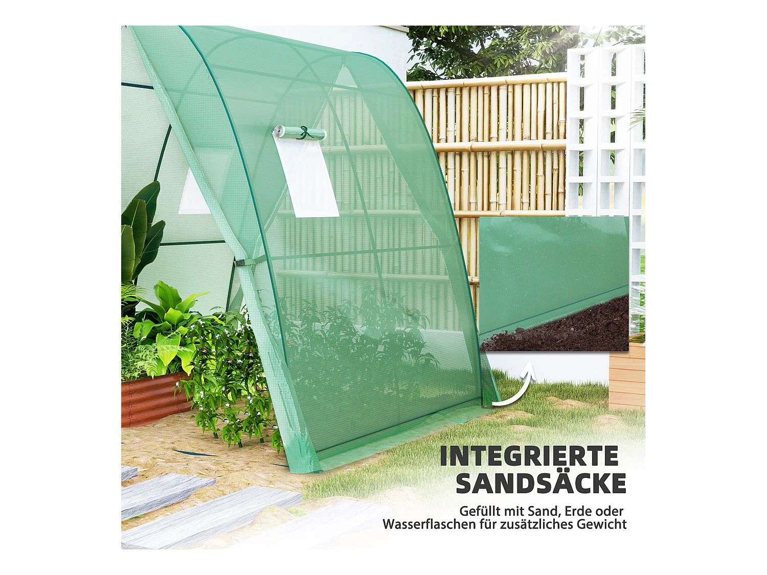 Tuinkas met roldeur, ramen, versterkt doek, staal, groen (180x180x200cm)