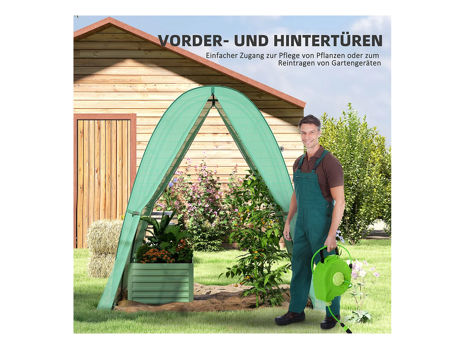 Tuinkas met roldeur, ramen, versterkt doek, staal, groen (180x180x200cm)