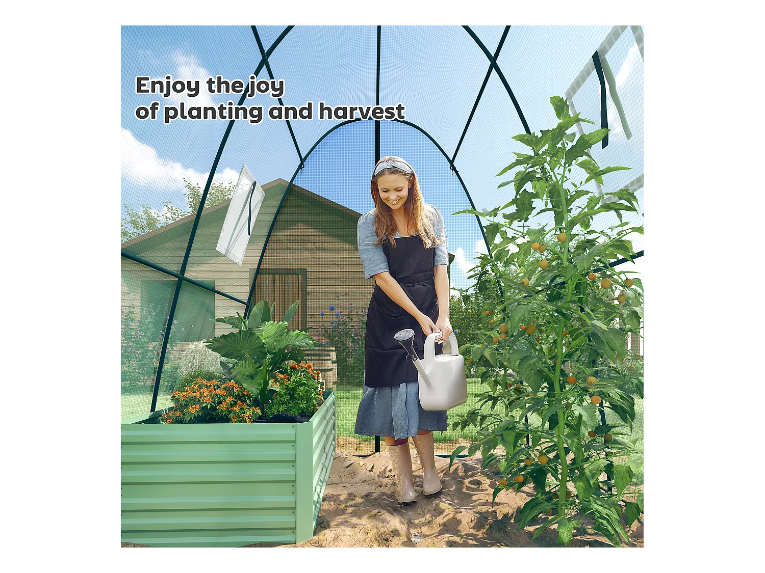 Tuinkas met roldeur, ramen, versterkt doek, staal, groen (180x180x200cm)