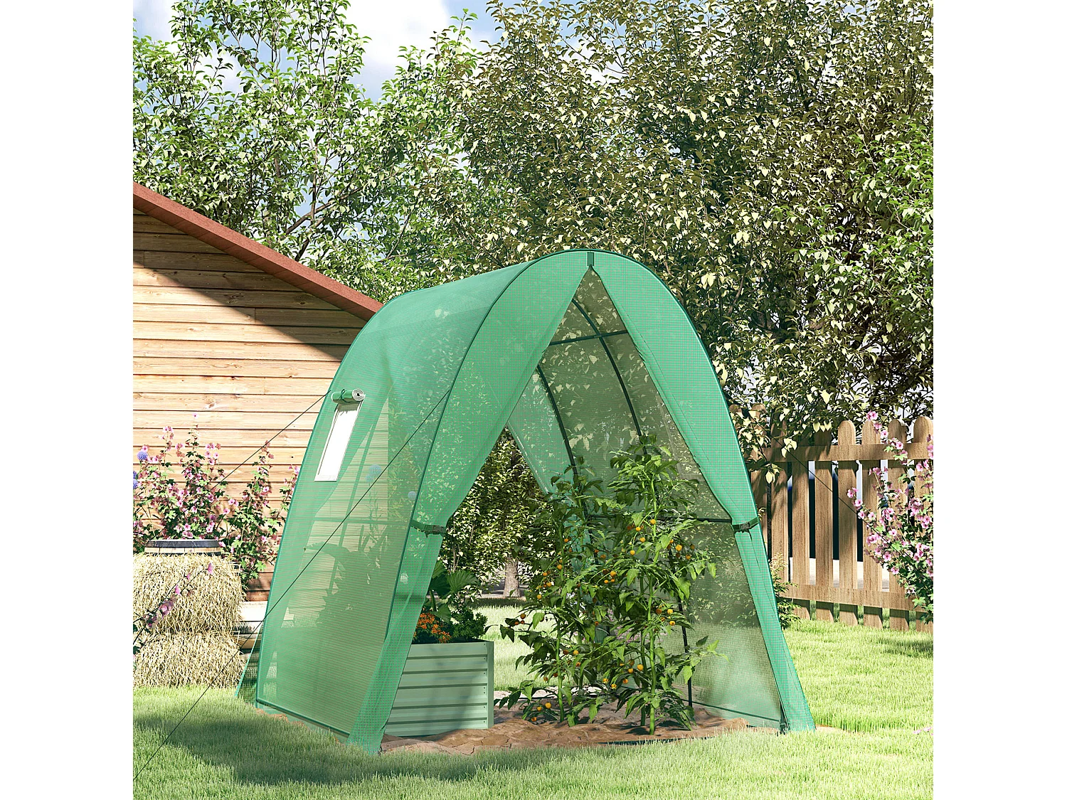 Serre de jardin avec porte roulante, fenêtres, toile renforcée, acier, vert (180x180x200cm)