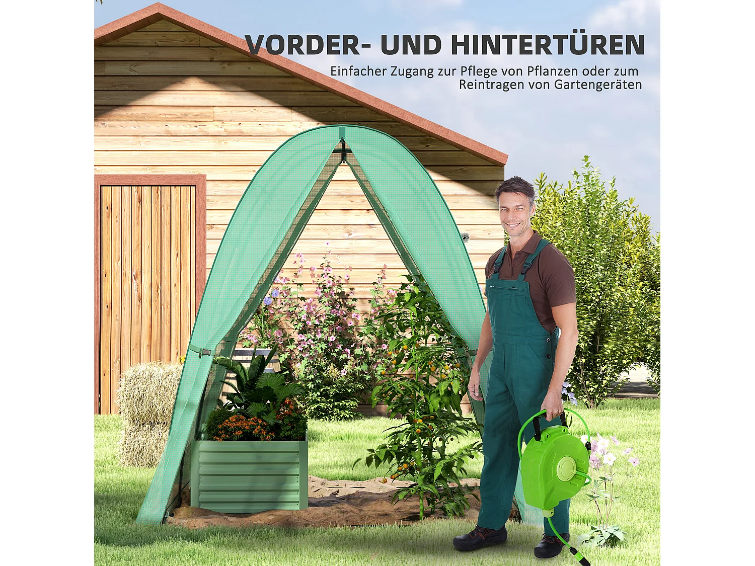 Serre de jardin avec porte roulante, fenêtres, toile renforcée, acier, vert (180x180x200cm)