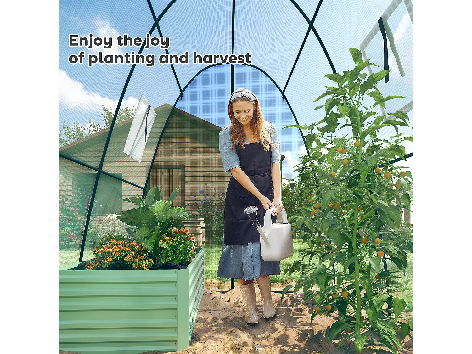 Serre de jardin avec porte roulante, fenêtres, toile renforcée, acier, vert (180x180x200cm)