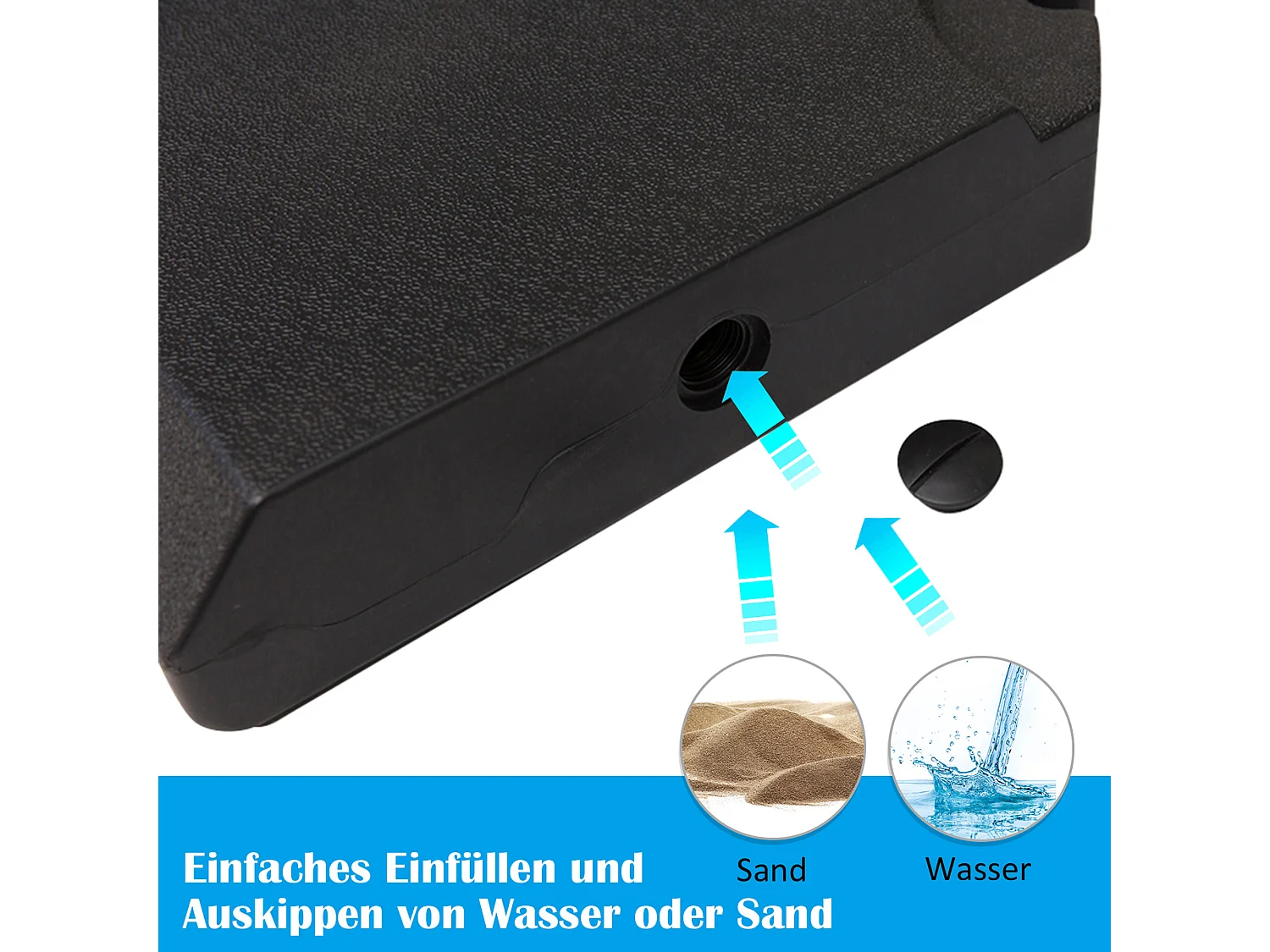 Gewicht voor 4-delige parasol, vulbaar met water 80 kg of zand 120 kg, HDPE, zwart (100x100x9,5 cm)