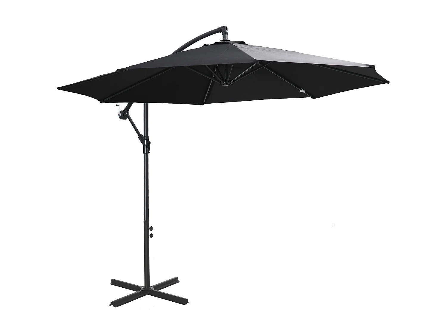 Parasol déporté à manivelle, structure acier et tissu polyester, noir (300x300x250cm)