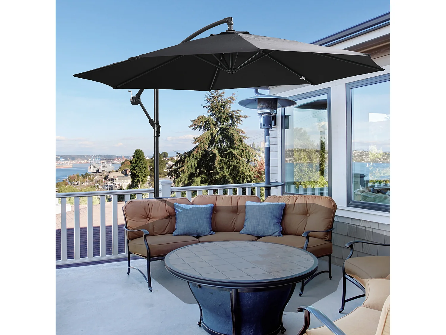 Parasol déporté à manivelle, structure acier et tissu polyester, noir (300x300x250cm)