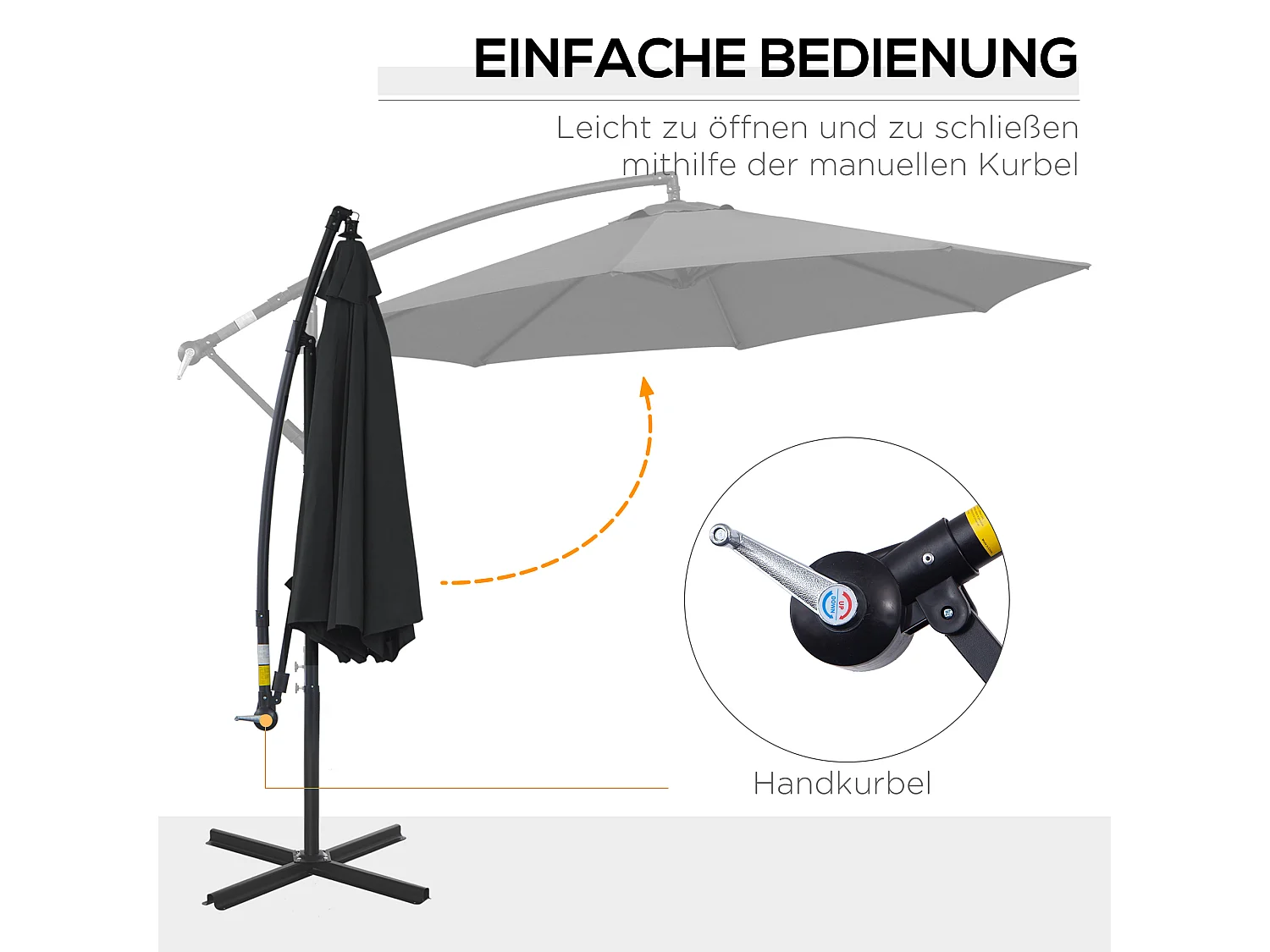 Parasol déporté à manivelle, structure acier et tissu polyester, noir (300x300x250cm)