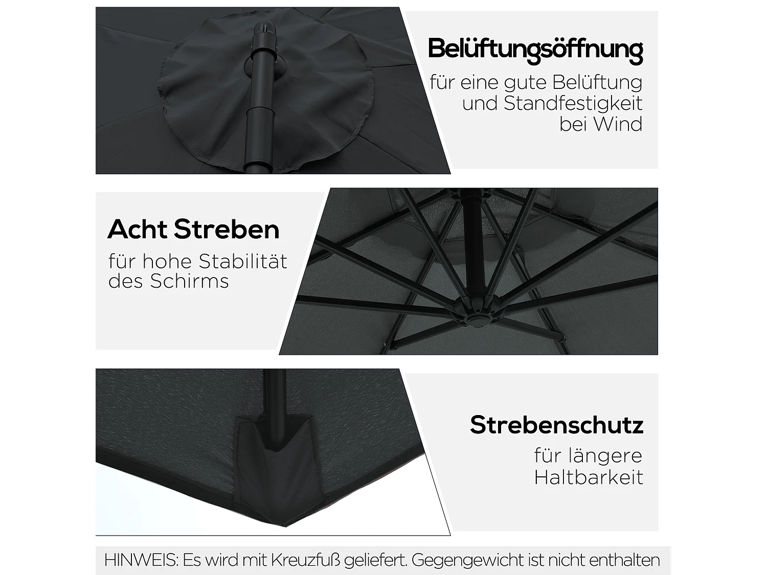 Parasol déporté à manivelle, structure acier et tissu polyester, noir (300x300x250cm)
