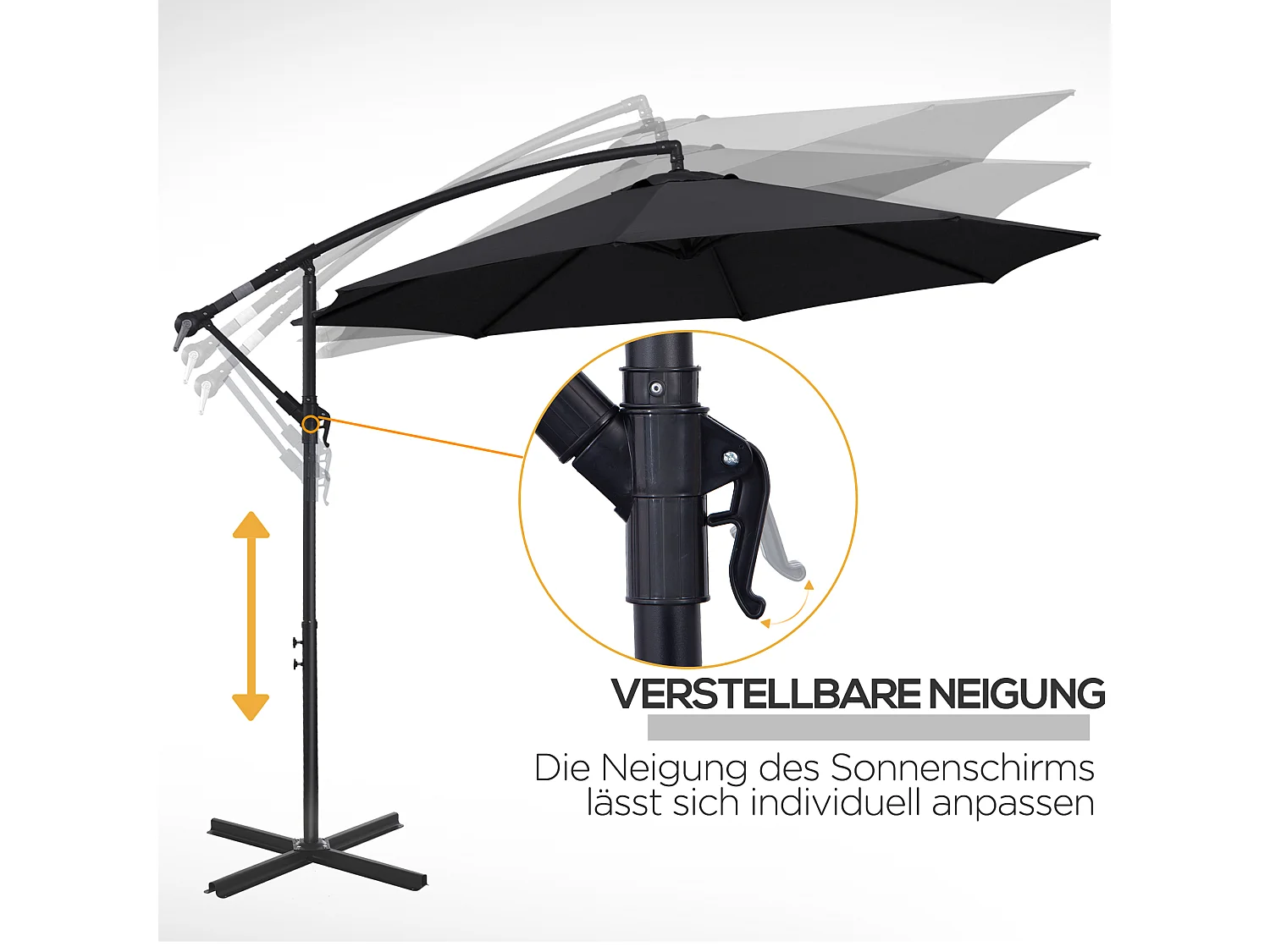 Parasol déporté à manivelle, structure acier et tissu polyester, noir (300x300x250cm)