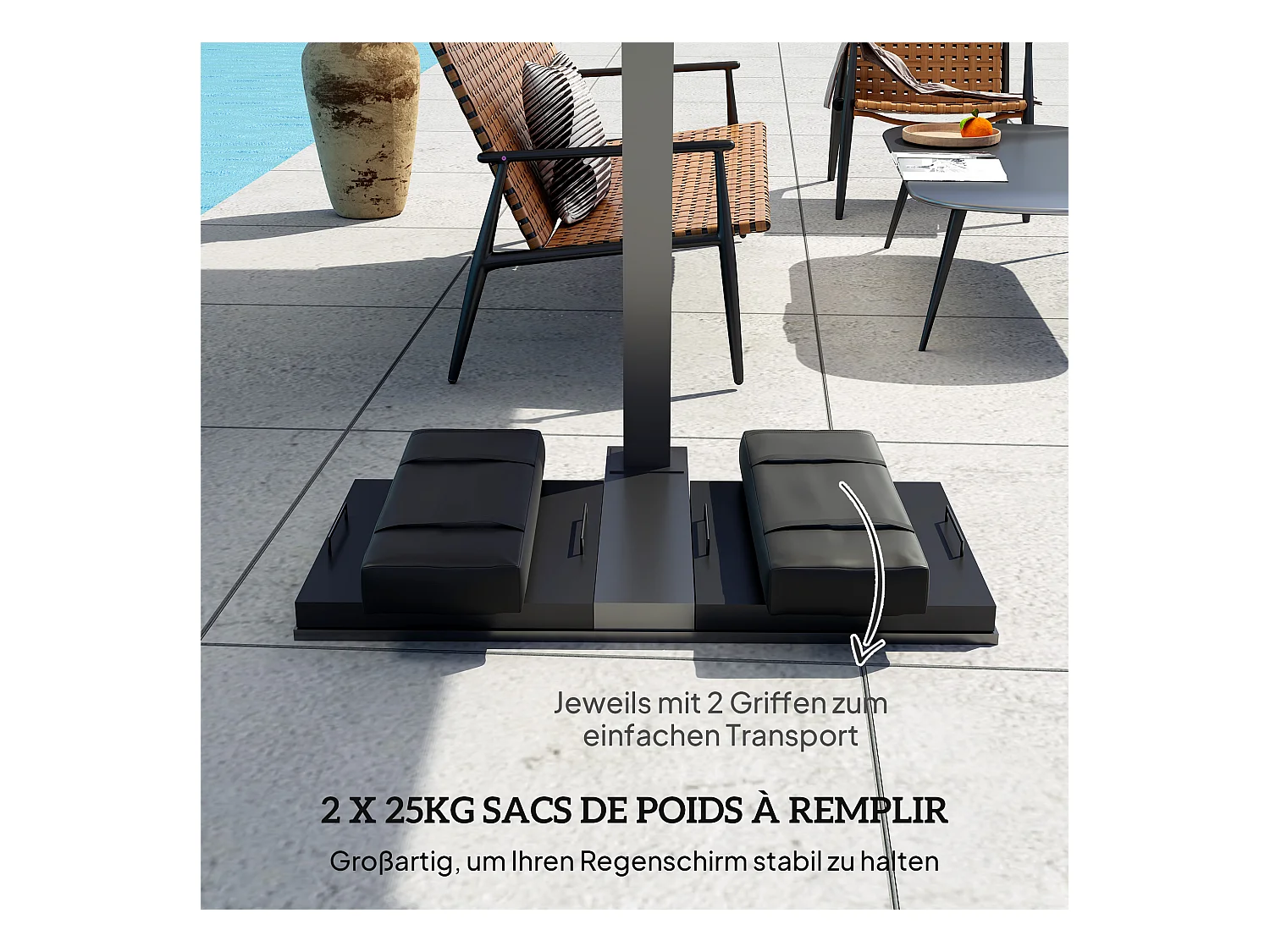 2-delige gewichtszakken, vulbaar tot 25 kg, 600D Oxford-stof, zwart, gewicht voor parasolvoet (76x30x11cm)