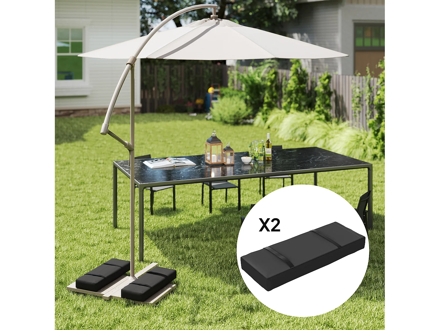 Sacchi porta-zavorra in 2 pezzi, riempibili fino a 25 kg, tessuto Oxford 600D, neri, peso per base ombrellone (76x30x11 cm)