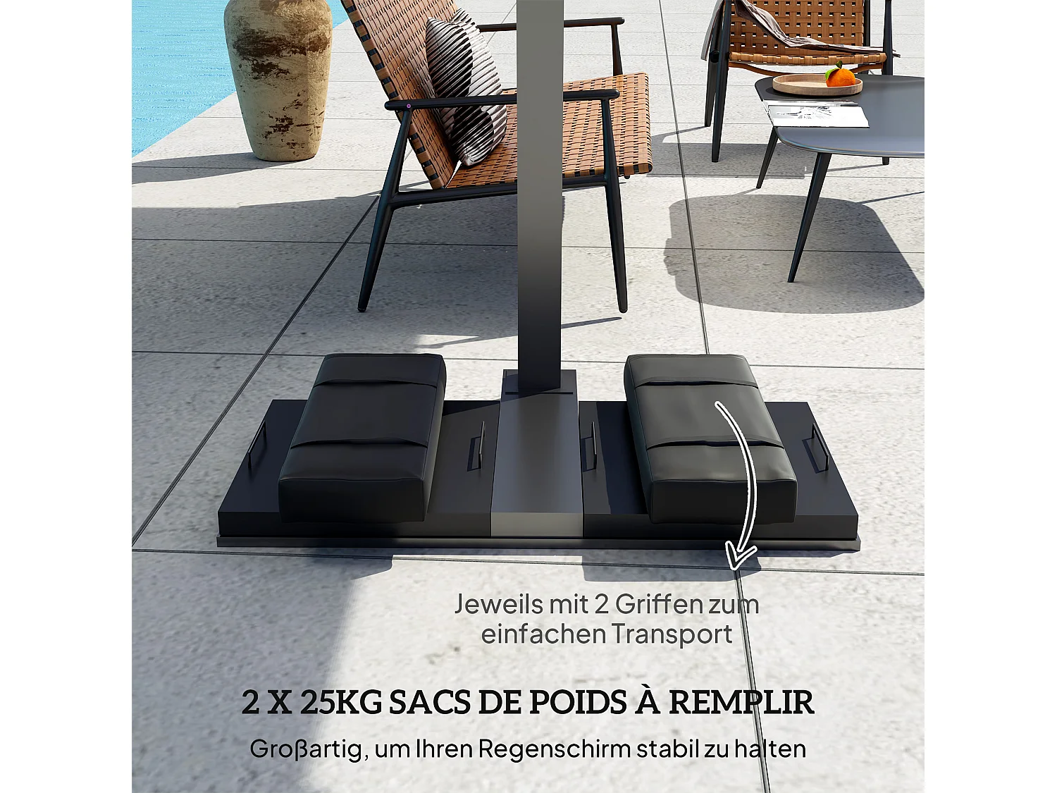 Sacchi porta-zavorra in 2 pezzi, riempibili fino a 25 kg, tessuto Oxford 600D, neri, peso per base ombrellone (76x30x11 cm)