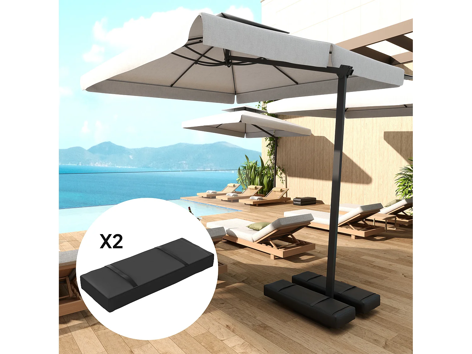 Sacchi porta-zavorra in 2 pezzi, riempibili fino a 25 kg, tessuto Oxford 600D, neri, peso per base ombrellone (76x30x11 cm)