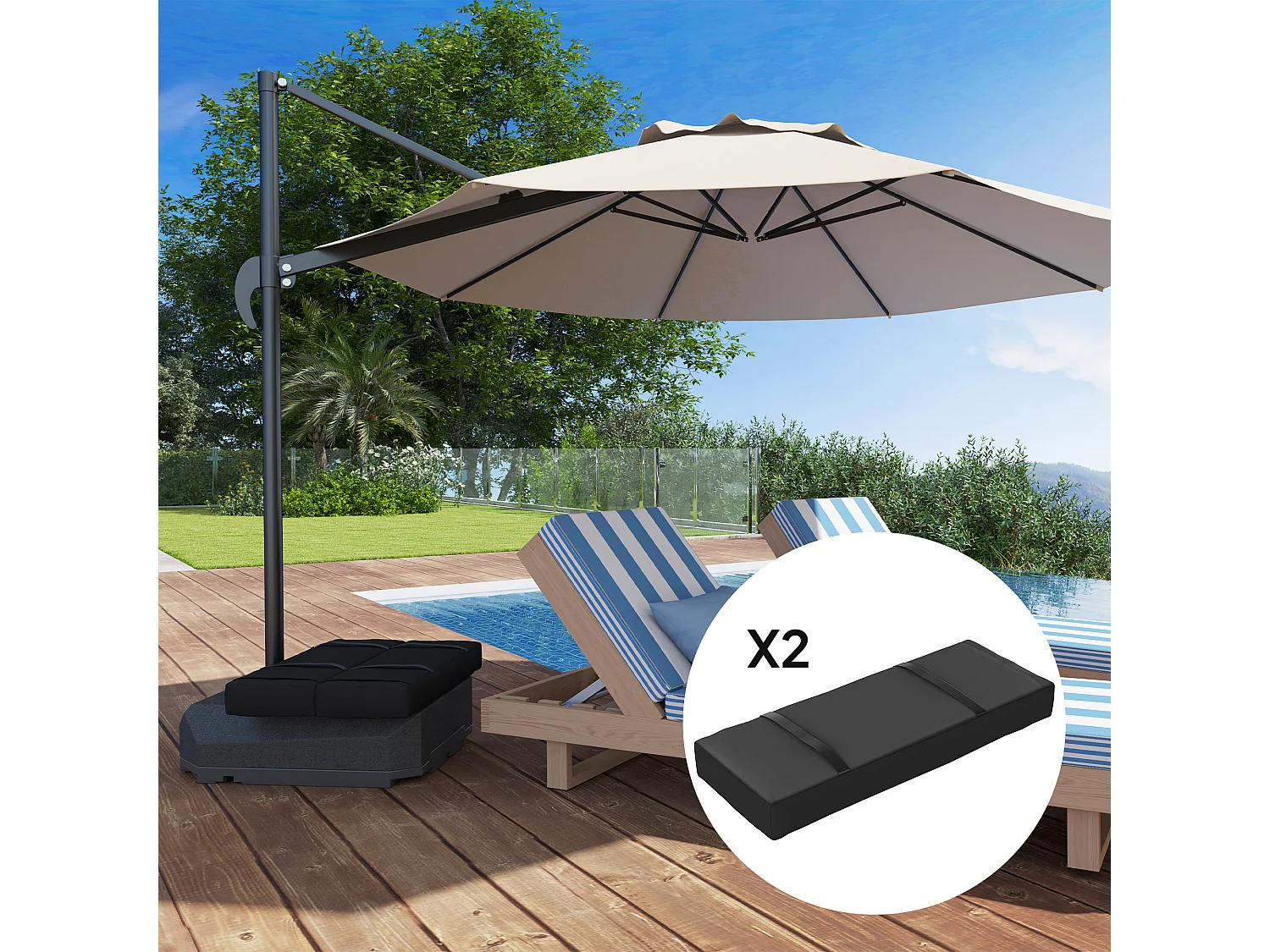 Sacchi porta-zavorra in 2 pezzi, riempibili fino a 25 kg, tessuto Oxford 600D, neri, peso per base ombrellone (76x30x11 cm)