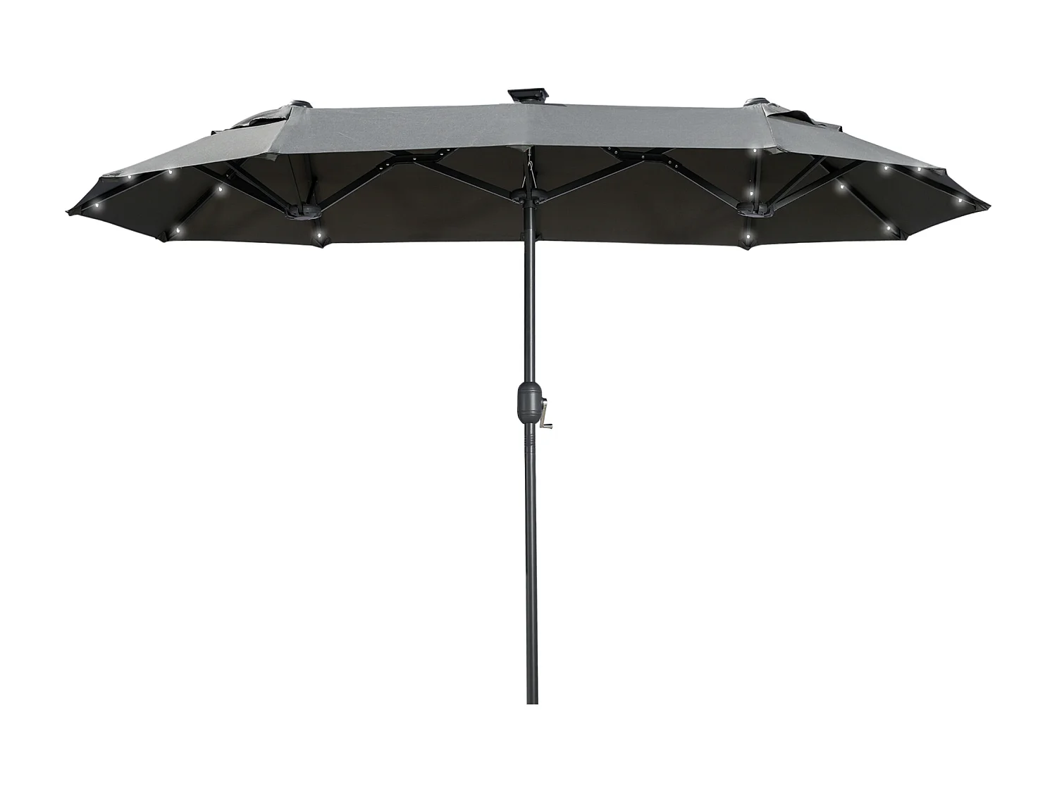 Ovale dubbele parasol met solar LED, polyester en staal, donkergrijs (292x150x218cm)