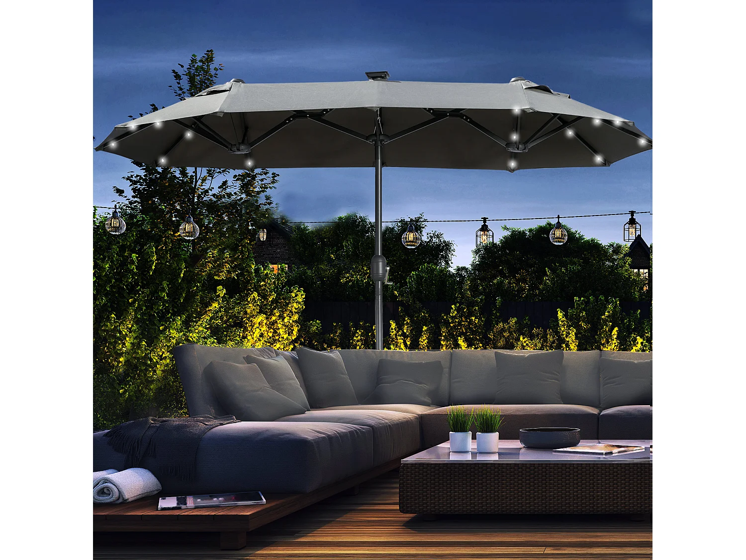 Ovale dubbele parasol met solar LED, polyester en staal, donkergrijs (292x150x218cm)