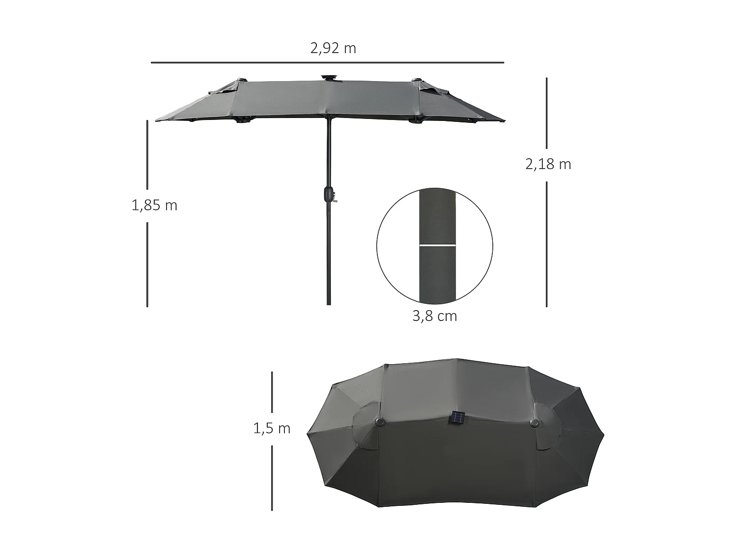 Ovale dubbele parasol met solar LED, polyester en staal, donkergrijs (292x150x218cm)