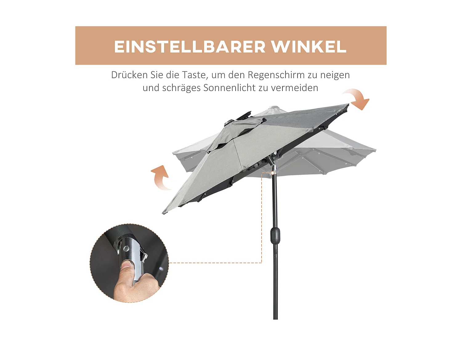 Ovale dubbele parasol met solar LED, polyester en staal, donkergrijs (292x150x218cm)