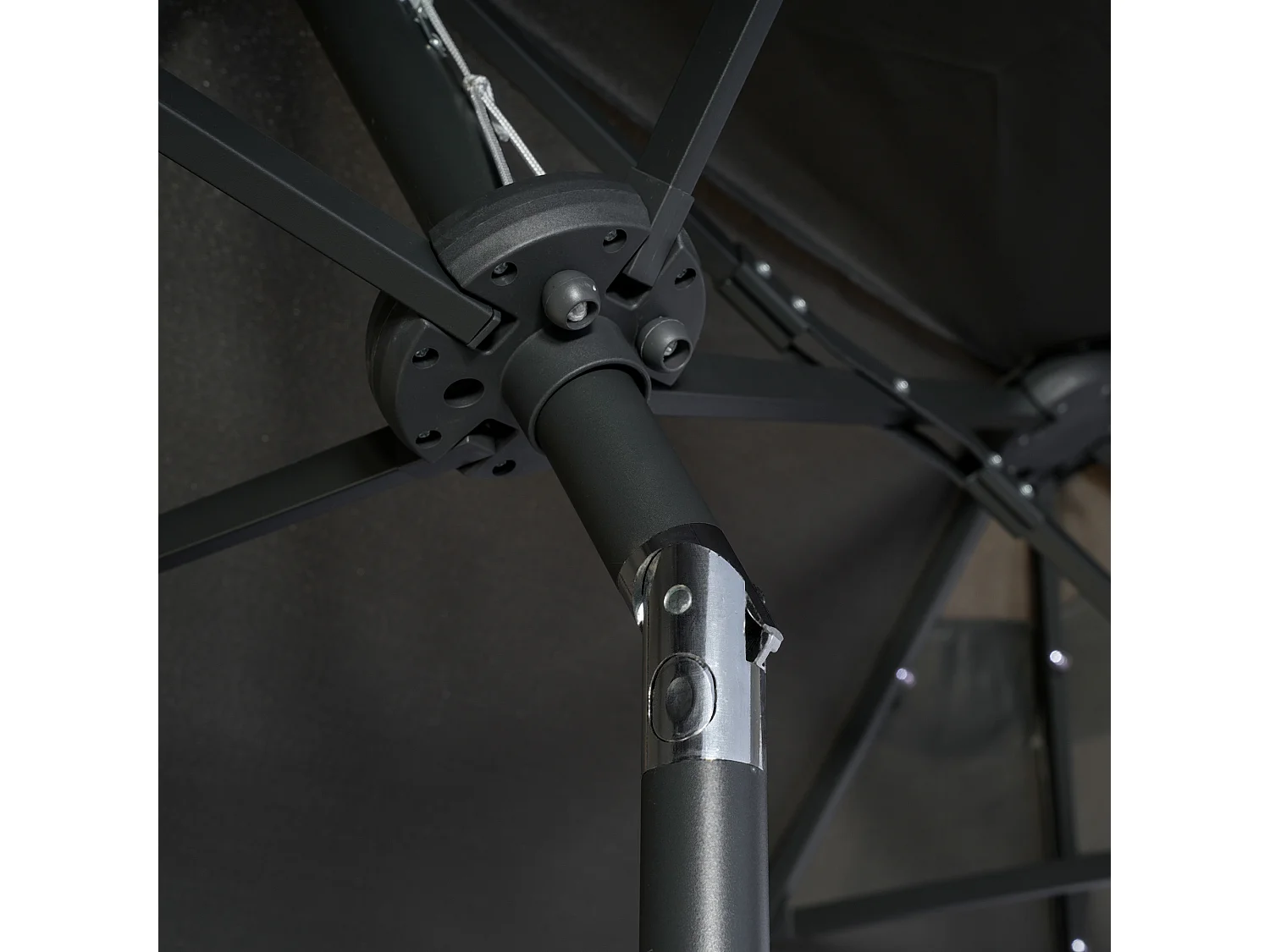 Ovale dubbele parasol met solar LED, polyester en staal, donkergrijs (292x150x218cm)