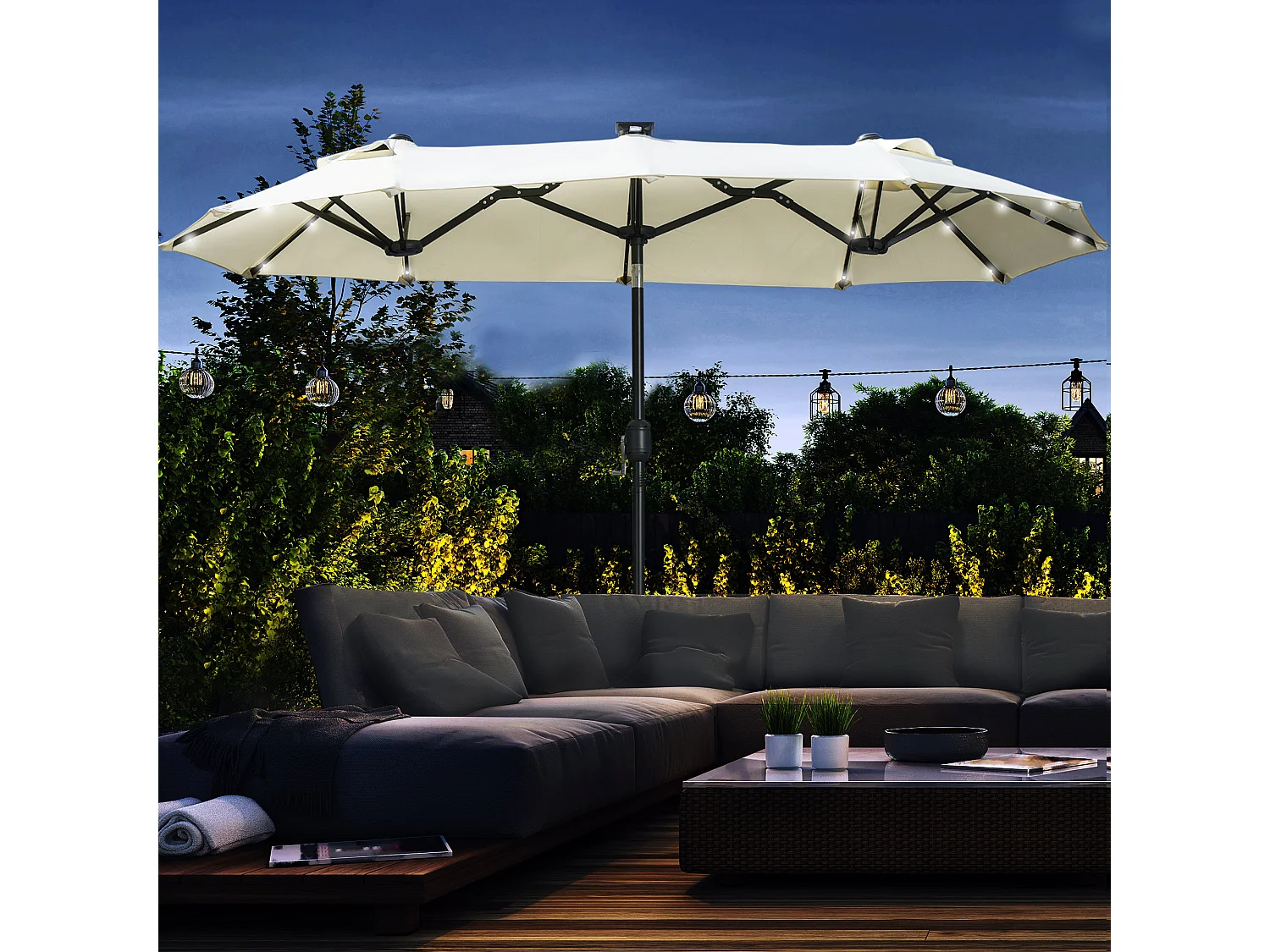 Dubbele parasol met LED en verstelbare helling, in polyester en staal, beige (292x150x218 cm)