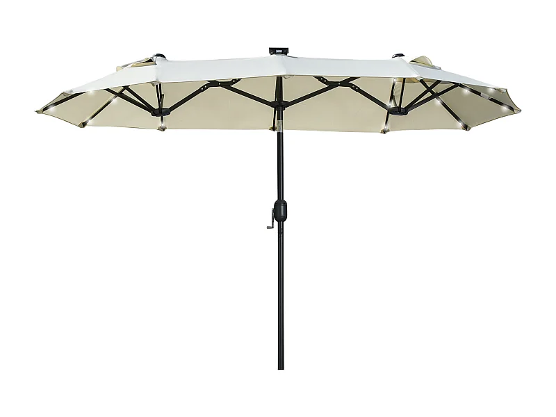 Dubbele parasol met LED en verstelbare helling, in polyester en staal, beige (292x150x218 cm)