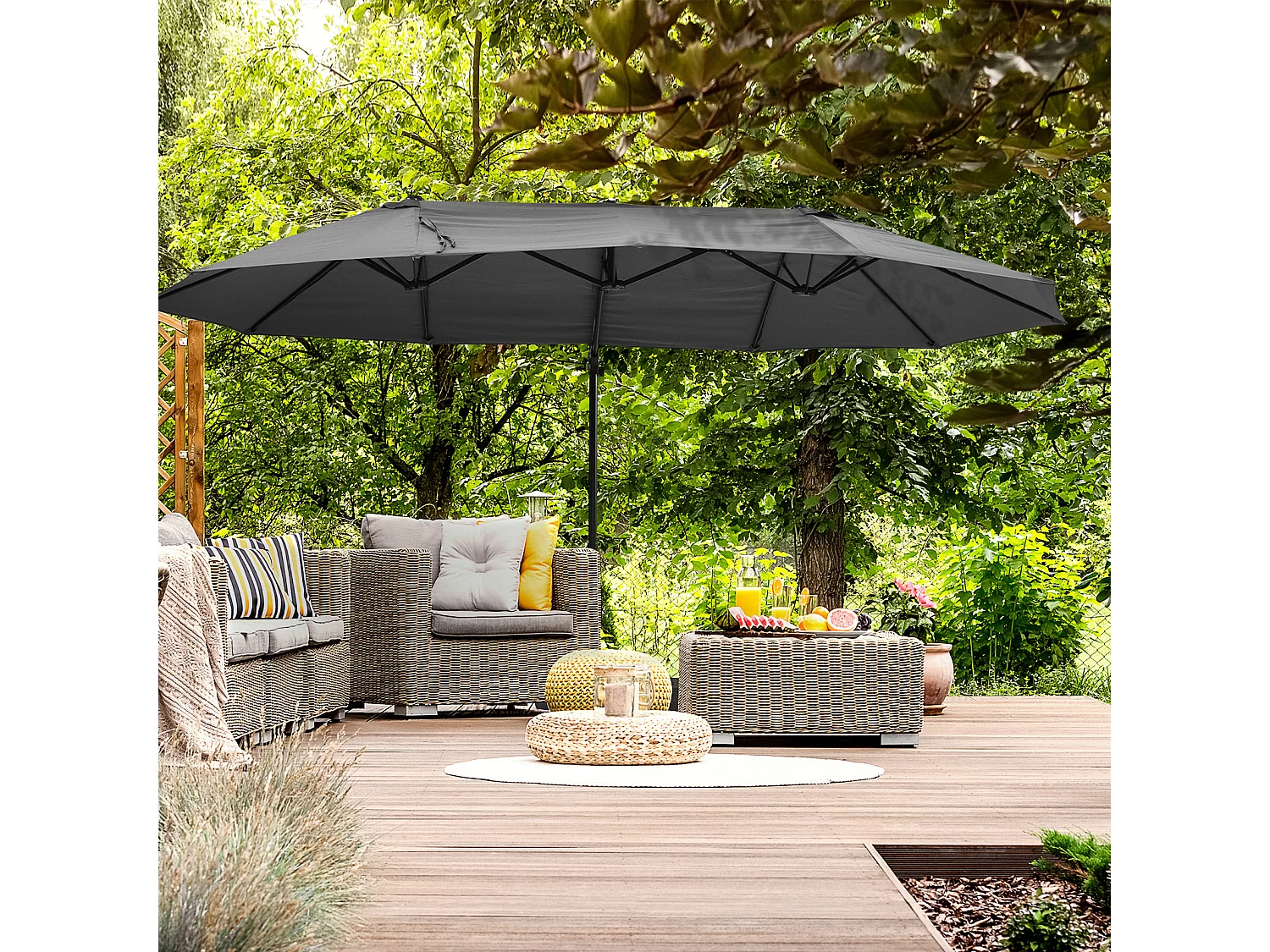 Dubbele parasol met slinger, verstelbaar, metaal, donkergrijs (440x270x250 cm)