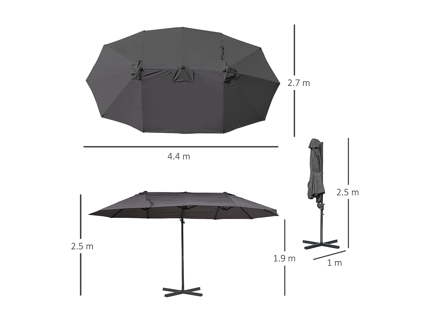 Dubbele parasol met slinger, verstelbaar, metaal, donkergrijs (440x270x250 cm)