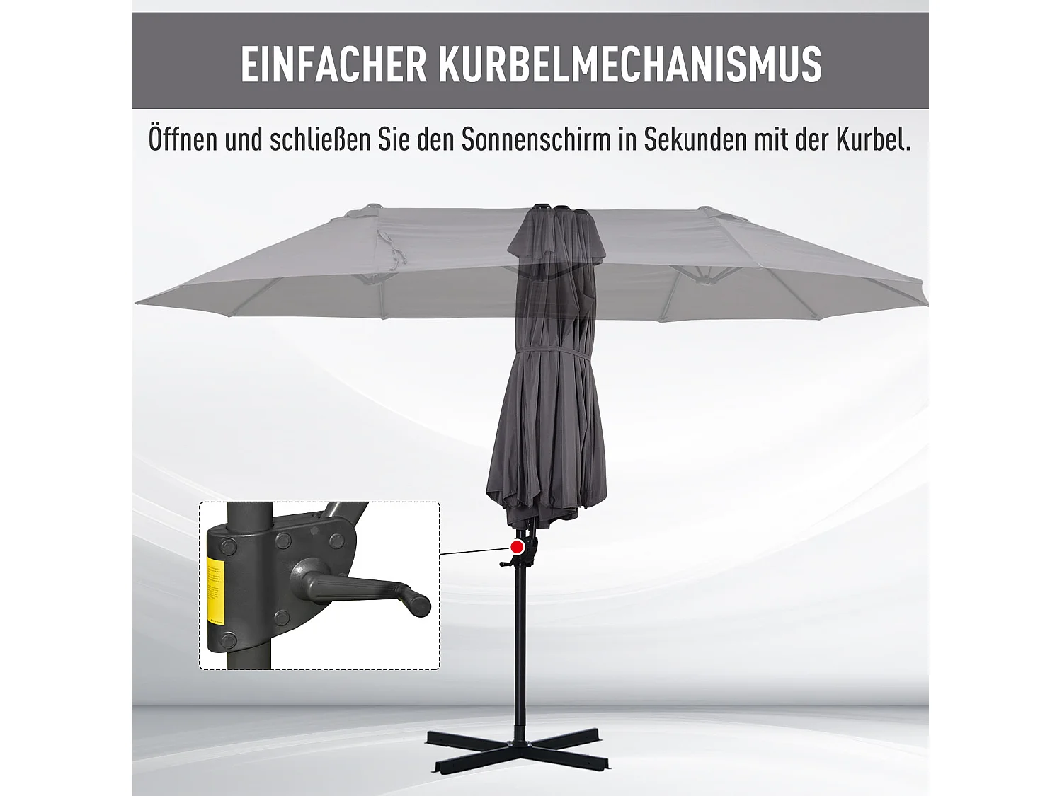 Dubbele parasol met slinger, verstelbaar, metaal, donkergrijs (440x270x250 cm)