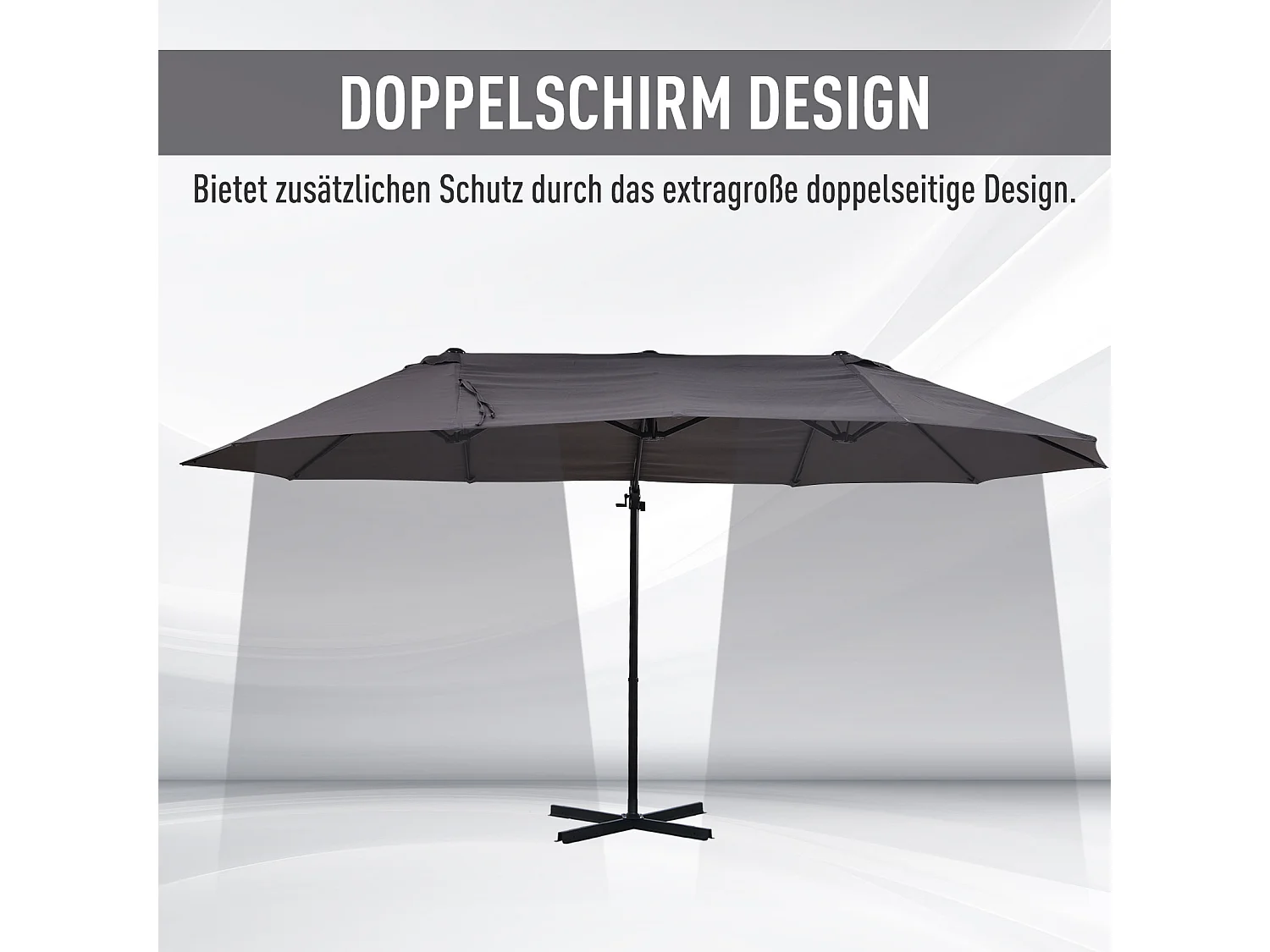 Dubbele parasol met slinger, verstelbaar, metaal, donkergrijs (440x270x250 cm)