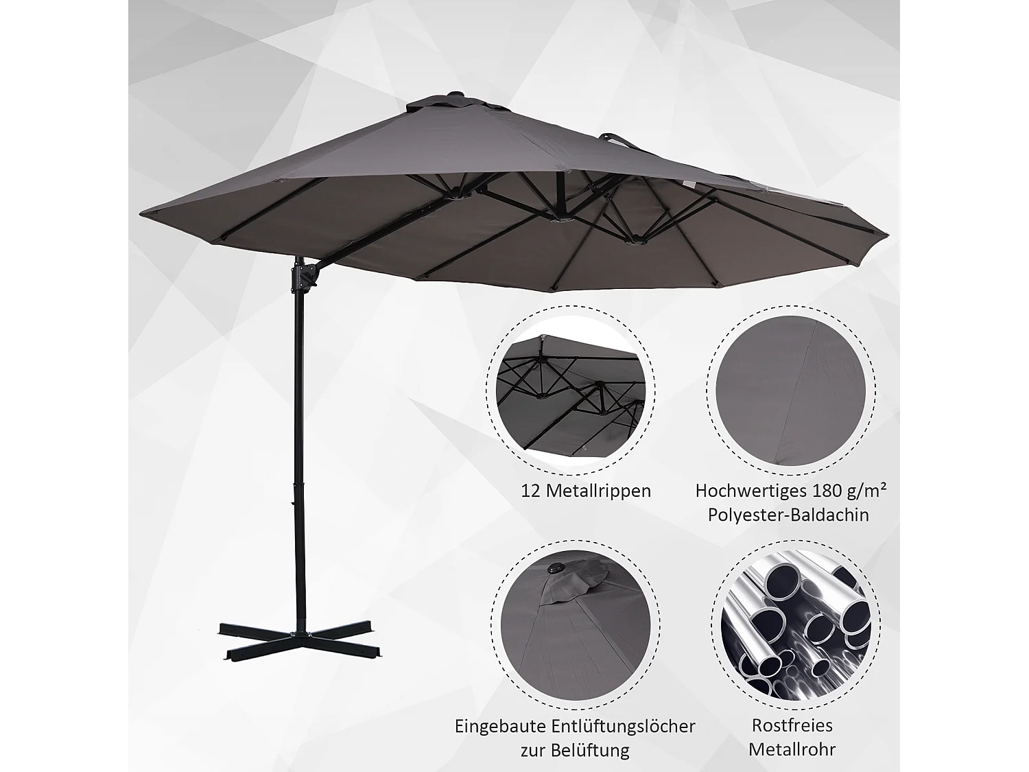 Dubbele parasol met slinger, verstelbaar, metaal, donkergrijs (440x270x250 cm)