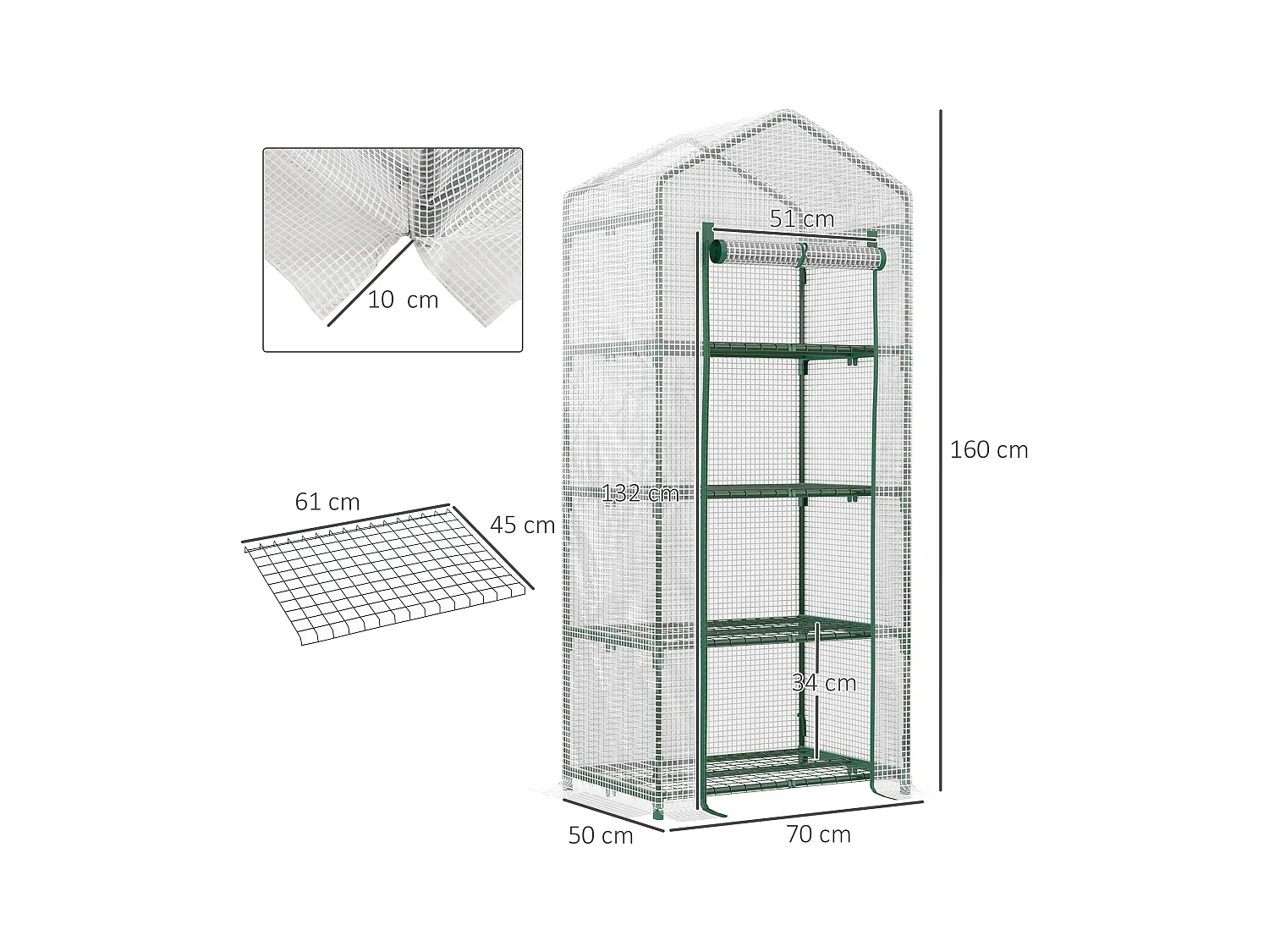 Plantenkas, met 4 planken, PVC, wit (70x50x160 cm)