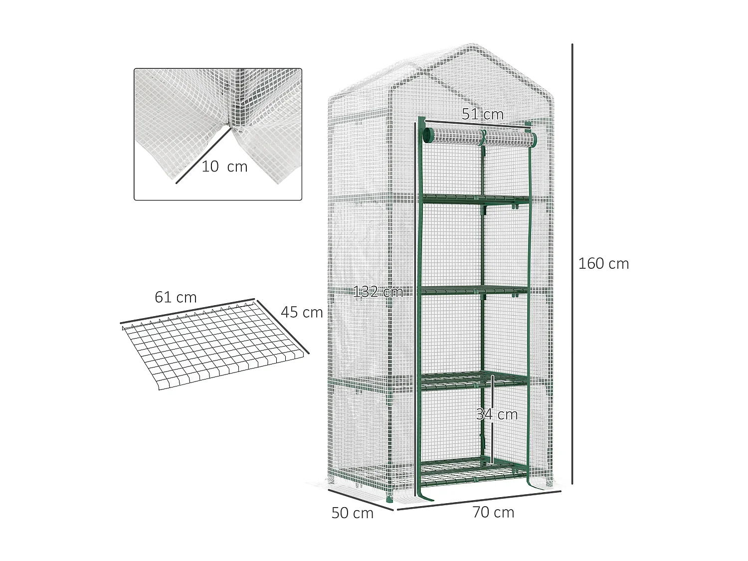 Serre à plantes, avec 4 étagères, en PVC, blanc (70x50x160 cm)