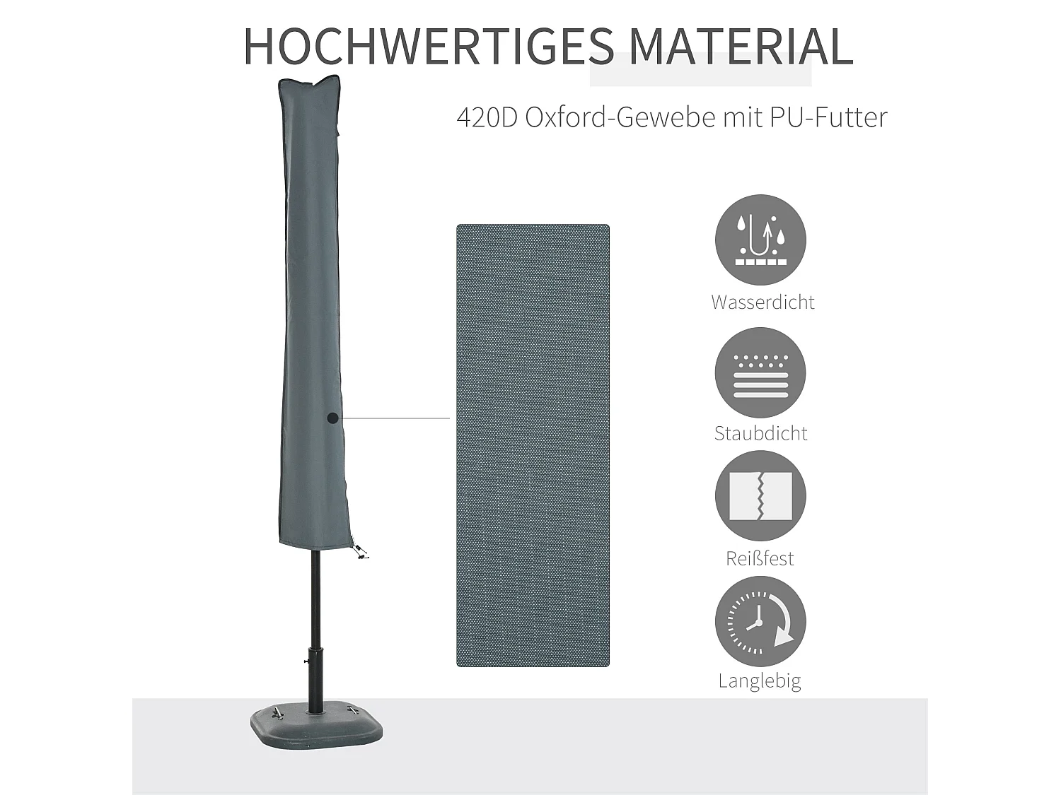 Housse de parasol imperméable avec fermeture éclair, polyester Oxford, gris (178x35x0.1cm)