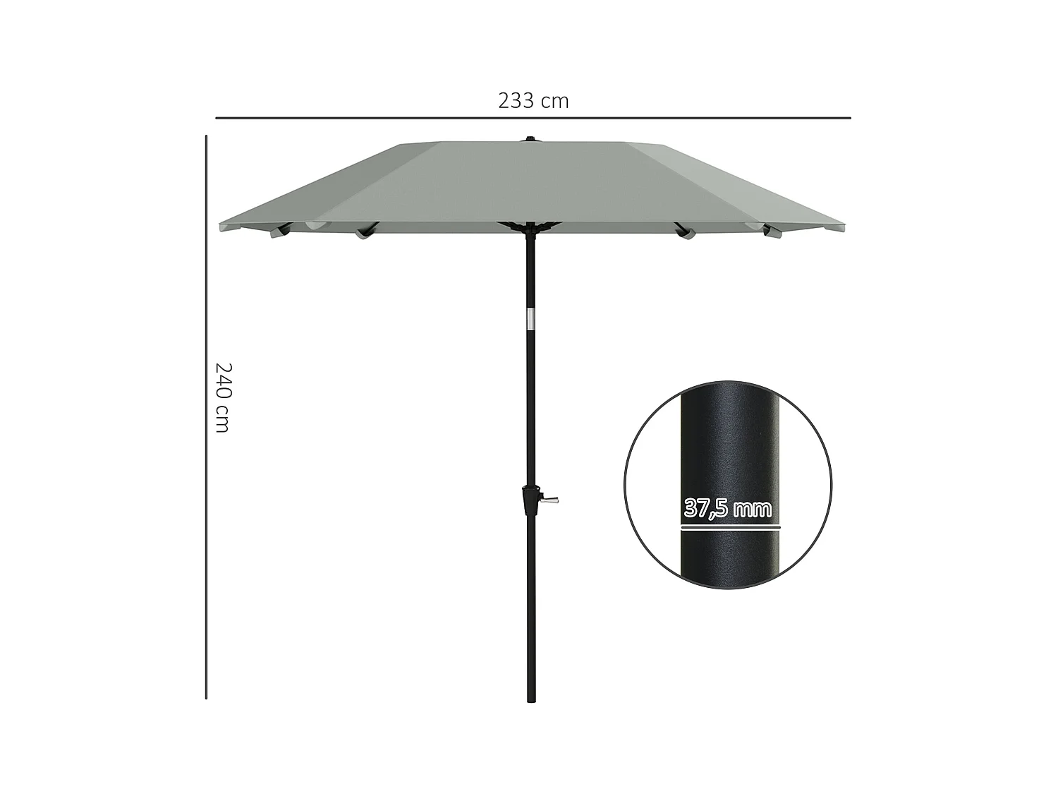 Achthoekige parasol met kantelfunctie, aluminium structuur, polyester doek, donkergrijs, robuust en geventileerd (233x233x240cm)
