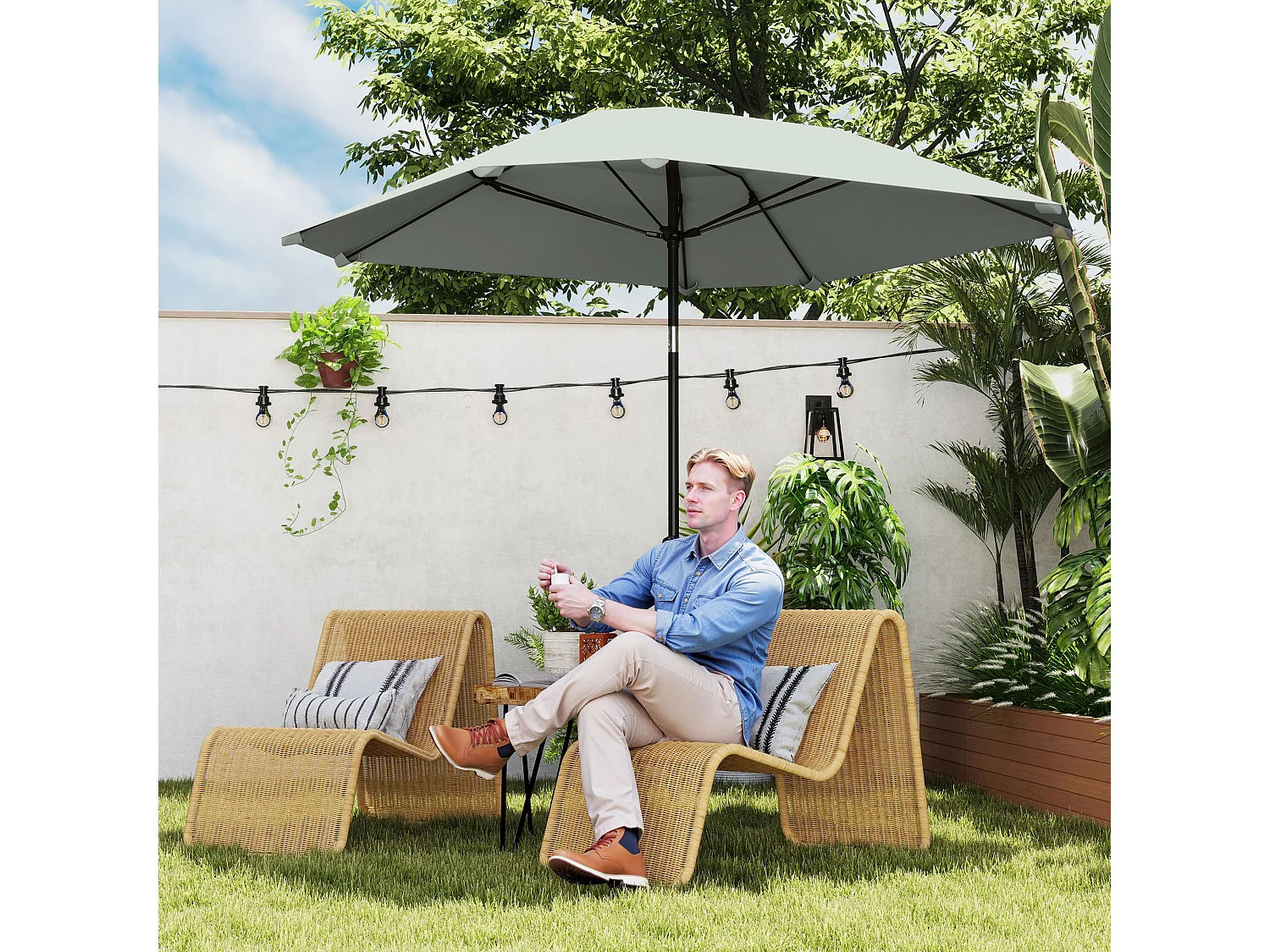 Achthoekige parasol met kantelfunctie, aluminium structuur, polyester doek, donkergrijs, robuust en geventileerd (233x233x240cm)