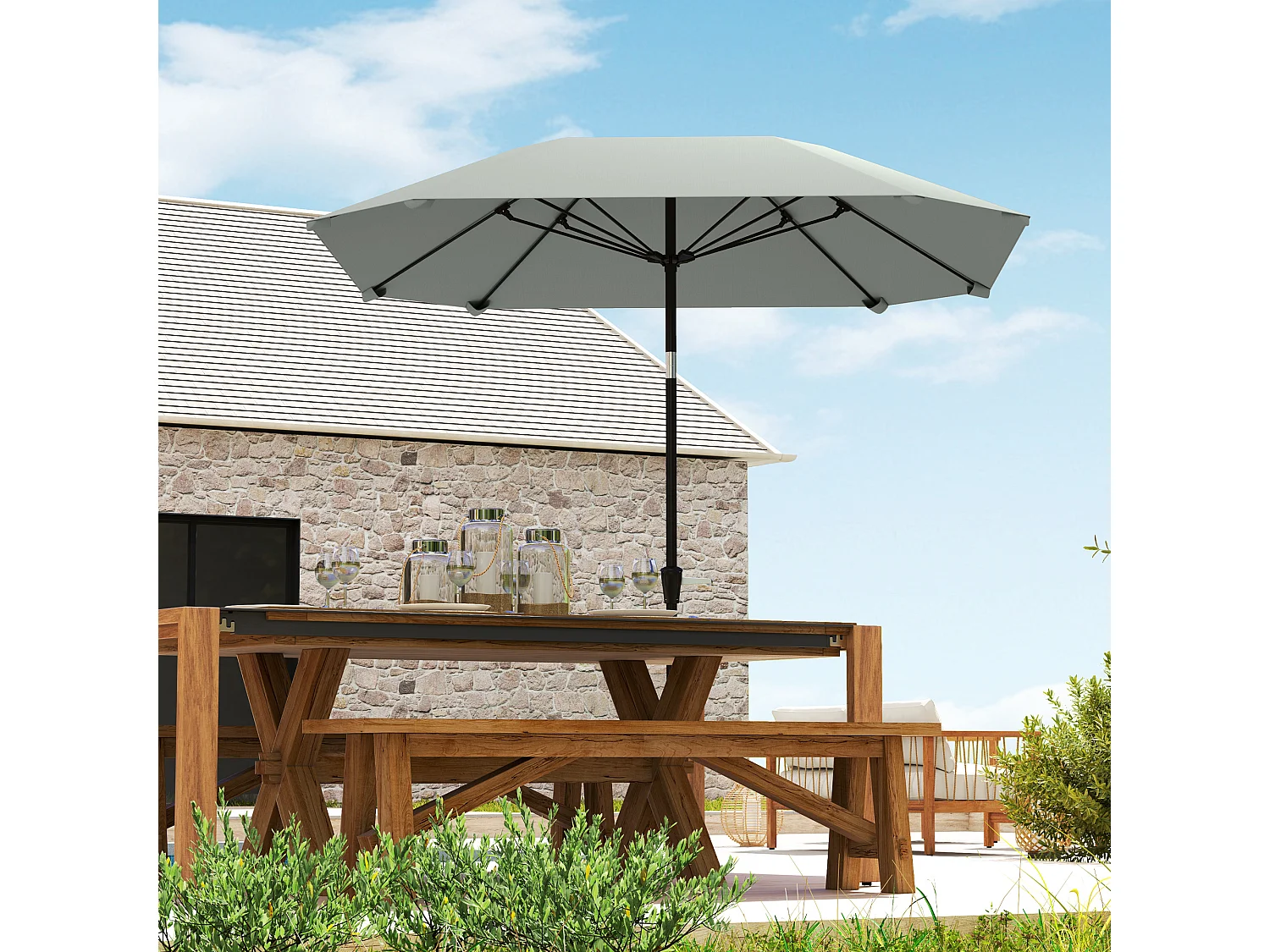 Achthoekige parasol met kantelfunctie, aluminium structuur, polyester doek, donkergrijs, robuust en geventileerd (233x233x240cm)