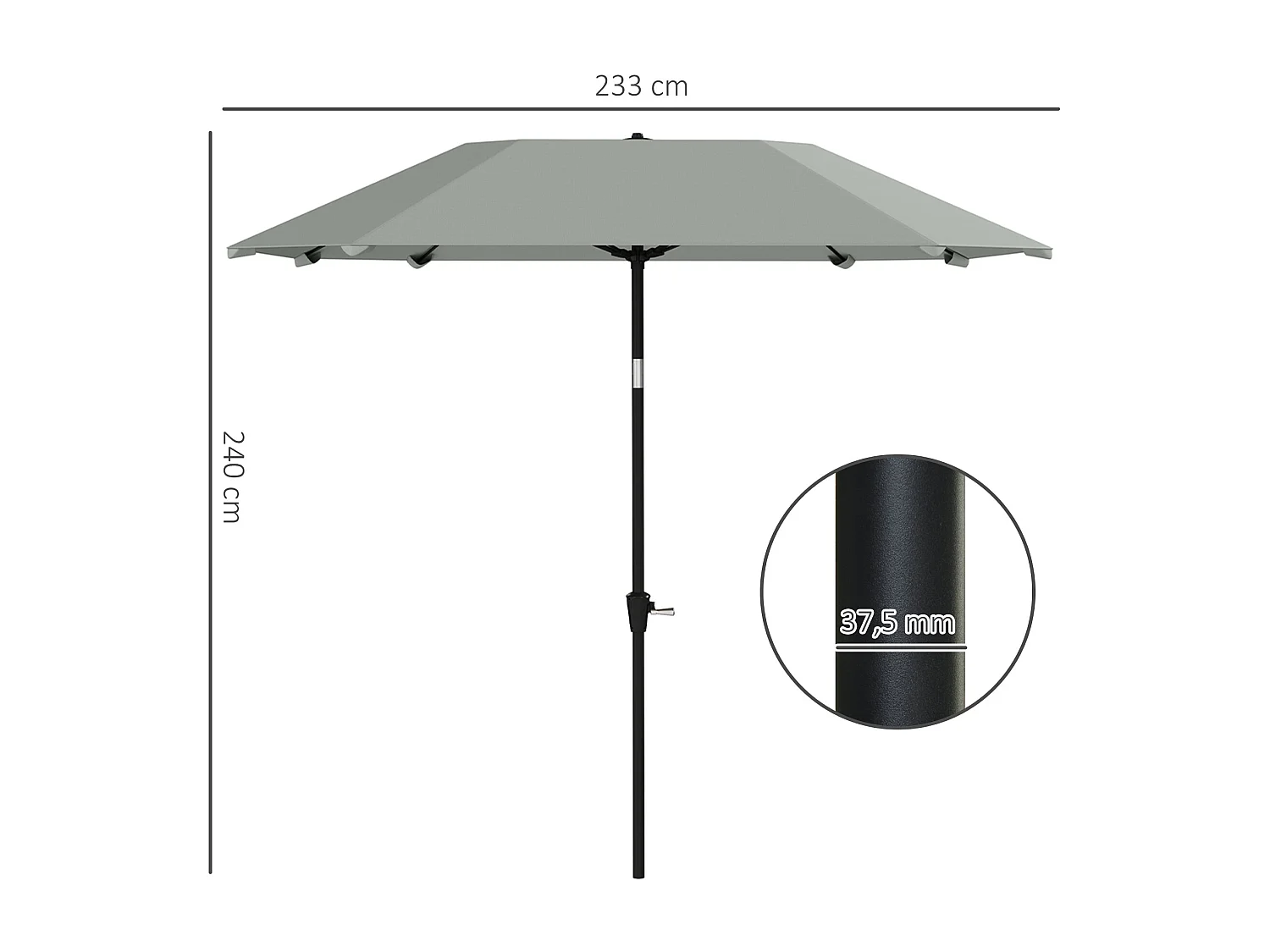 Achthoekige parasol met kantelfunctie, aluminium structuur, polyester doek, donkergrijs, robuust en geventileerd (233x233x240cm)
