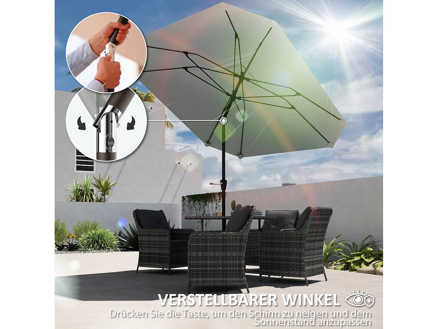 Achthoekige parasol met kantelfunctie, aluminium structuur, polyester doek, donkergrijs, robuust en geventileerd (233x233x240cm)