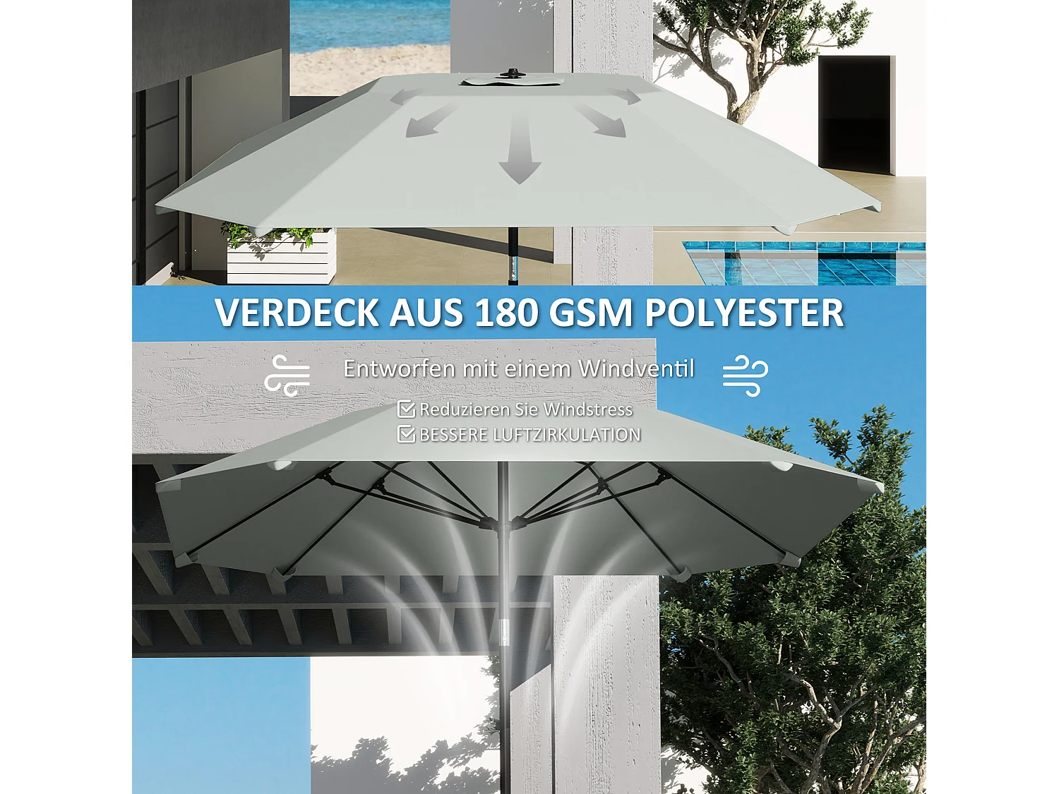 Achthoekige parasol met kantelfunctie, aluminium structuur, polyester doek, donkergrijs, robuust en geventileerd (233x233x240cm)